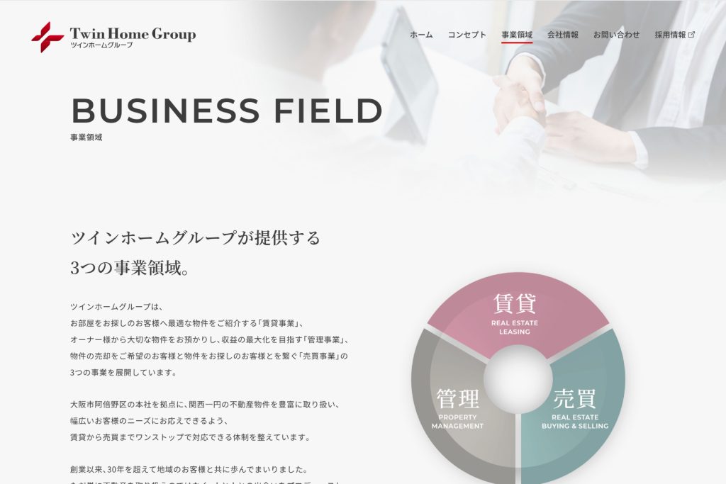 株式会社ツインホームグループのホームページデザイン画面（パソコン）